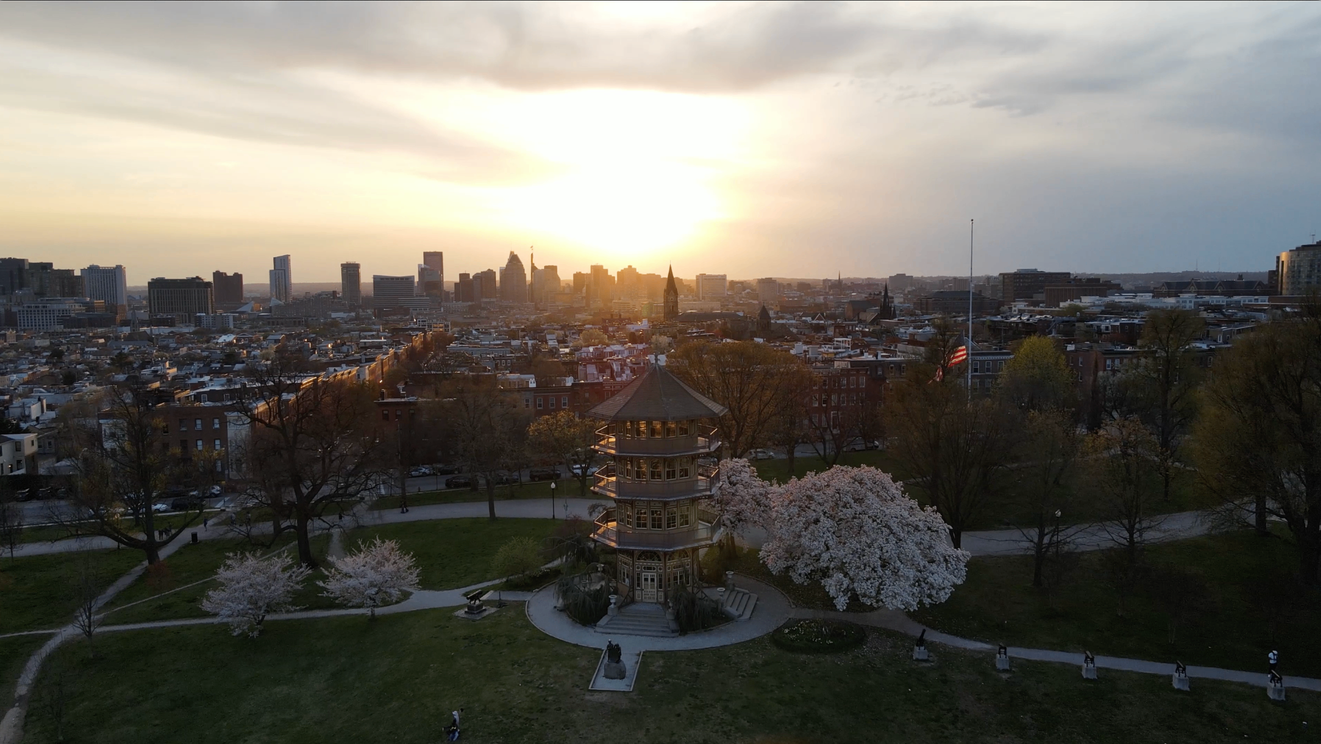 Baltimore skyline at sunset from Patterson Park